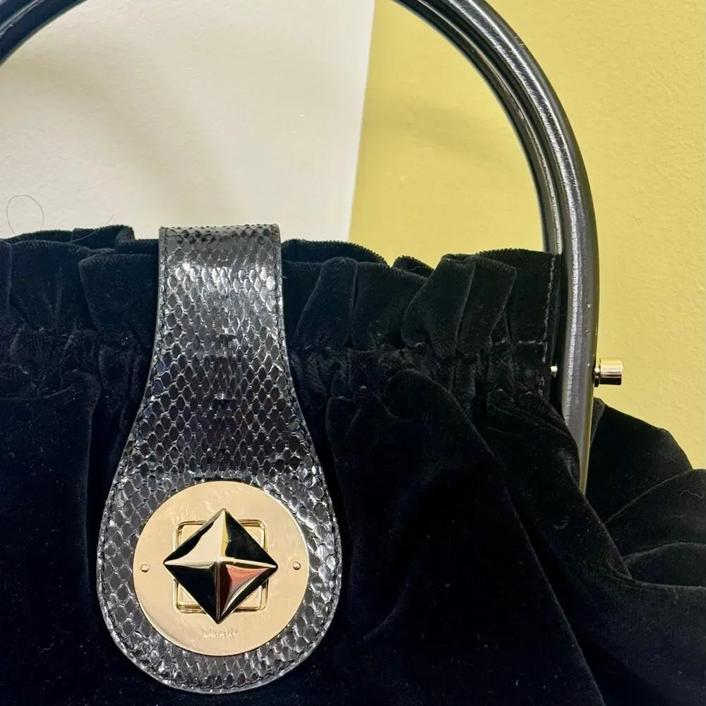 Kate Spade Maya Wood Handle Black Velvet Purse Handbag Turnlock Classic